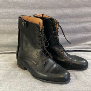 Black Leather Equestrian Lace-Up Boots with Zipper